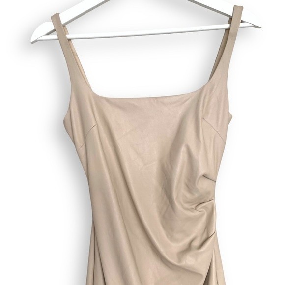 Bec + Bridge Mini Dress Vegan Leather Ruched Tuck Neutral Tan - Picture 7 of 16